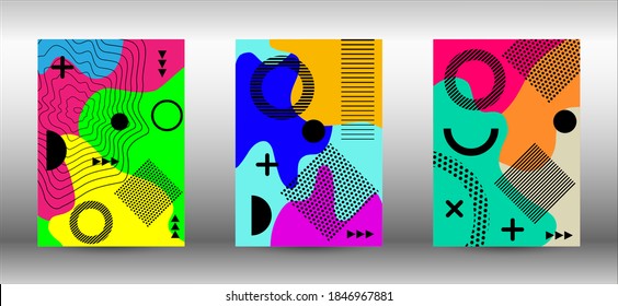 Modern memphis background set covers, great design for any purposes. Colorful trendy illustration.  Colorful geometric background design. Creative vector banner illustration.