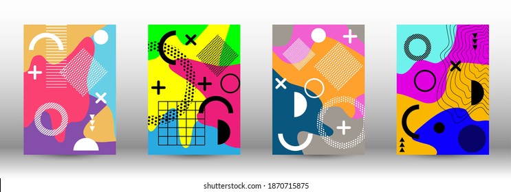 Modern memphis background set covers, great design for any purposes. Colorful trendy illustration.  Minimal geometric shape. Creative vector banner illustration.