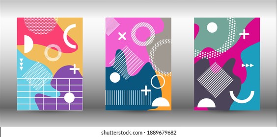 Modern memphis background set covers, great design for any purposes. Colorful trendy illustration.  Minimal geometric shape. Creative vector banner illustration.