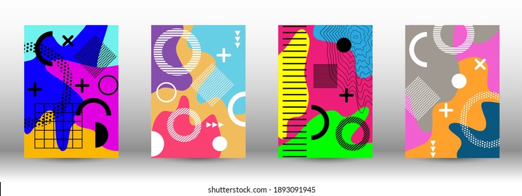 Modern memphis background set covers, great design for any purposes. Colorful trendy illustration.  Minimal geometric shape. Creative vector banner illustration.