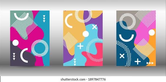 Modern memphis background set covers, great design for any purposes. Colorful trendy illustration.  Abstract elegant background. Creative vector banner illustration.