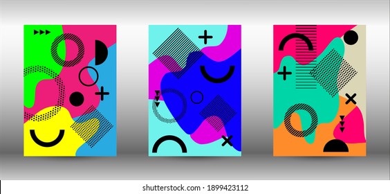 Modern memphis background set covers, great design for any purposes. Colorful trendy illustration.  Abstract elegant background. Creative vector banner illustration.