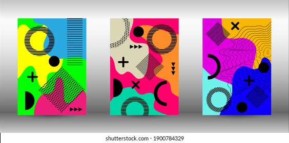 Modern memphis background set covers, great design for any purposes. Colorful trendy illustration.  Colorful geometric background design. Creative vector banner illustration.