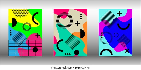 Modern memphis background set covers, great design for any purposes. Colorful trendy illustration.  Abstract elegant background. Creative vector banner illustration.
