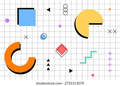 Modern memphis backgrounds with abstract geometric shapes, bright colors, simple patterns, and retro 80s feels. Vector illustration