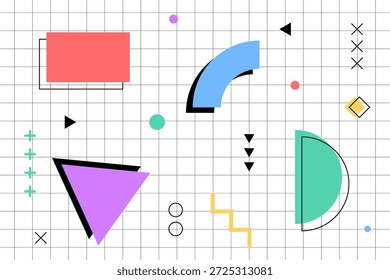 Modern memphis backgrounds with abstract geometric shapes, bright colors, simple patterns, and retro 80s feels. Vector illustration
