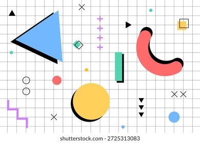 Modern memphis backgrounds with abstract geometric shapes, bright colors, simple patterns, and retro 80s feels. Vector illustration