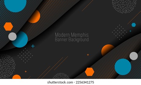 Modern Memphis Banner Background, illustration dark black color with geometric elements orange light blue for web page,  blog, cover, ad, greeting card.