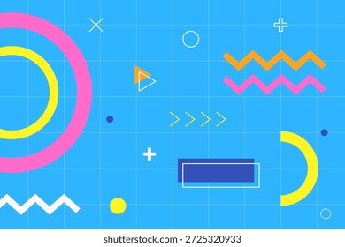 Modernos fondos azules de memphis con Formas geométricas abstractas, colores brillantes, patrones simples y sensaciones retro de los años 80. Ilustración vectorial