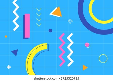 Modern memphis blue backgrounds with abstract geometric shapes, bright colors, simple patterns, and retro 80s feels. Vector illustration