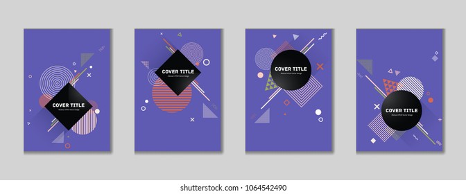 Modern memphis cover collection pattern with white, pink, green and beige geometrical shapes on violet background. Variegated first page cover kit. Colorful memphis style illustration for busin