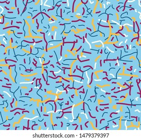 Modern memphis cover design with colorful seamless pattern in the form of a dynamically flying serpentineon blue background. Abstract graphic styling surface template. Vector illustration.