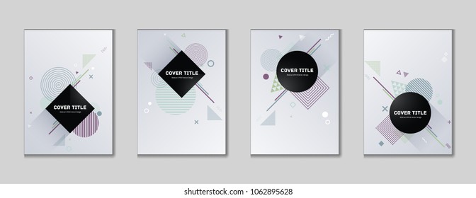 Modern memphis cover kit. Cool memphis template front page set with white, green violet and blue shapes, isolated on light background. Memphis style cover pattern assortment for marketing purpose.