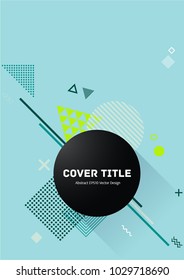 Modern memphis design placard pattern with white, lime green and grey shapes on light blue background. Cool memphis tile placard page. Front page cover for student notebook, dairy or notepad.