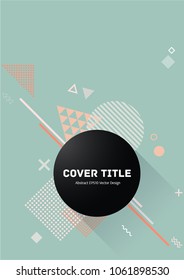 Modern memphis design placard vector with white, orange and beige shapes on green background. Cool memphis tile placard page. Front page illustration for student notebook, dairy or notepad.