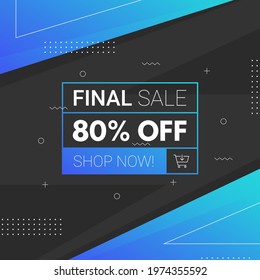 modern memphis design square banner 80 percent off discount. final sale discount for instagram post, social media, web internet ads. blue gradient promo business illustration, black background
