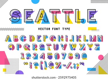 Modern memphis font, party typeface, 90s 80s geometric type. English alphabet letters and numbers with vector line waves, hatching, squared paper patterns. Creative memphis font abc typography set