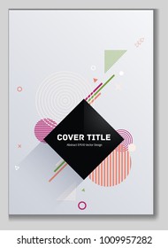 Modern memphis front cover background with white, pink, orange and green geometrical shapes. Minimalistic front page texture. Colorful title page backdrop for student notebook, dairy or notepad.