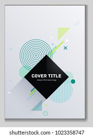 Modern memphis front cover background with white, green, lime green and jade geometrical shapes. Minimalistic front page tile. Colorful title page background for college notebook, dairy or notepad.