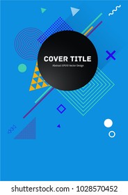 Modern memphis front cover vector with white, green and yellow geometrical shapes on blue background. Front page template. Colorful title page backdrop for school notebook, dairy or notepad.