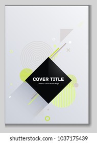 Modern memphis front cover vector with white. brown and acid lime green geometrical shapes. Minimalistic front page texture. Colorful title page background for student notebook, dairy or notepad.