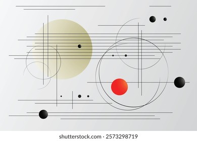 Modern Memphis geometric shapes background. Peaceful backdrop with circles, and lines. Abstract geometry graphics composition.
