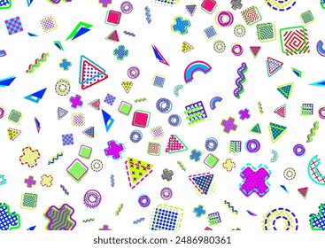 Modern Memphis Milano inspired seamless pattern in abstract pop art design style. Vector graphic illustration. Dense all over the top composition, vibrant neon colors.