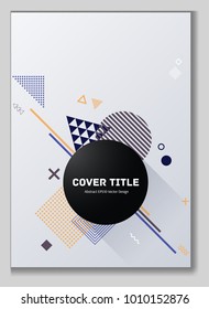 Modern memphis neo pattern with white, yellow, brown and blue geometrical shapes. Minimalistic front page template. Colorful memphis neo style background for advertisment purpose.