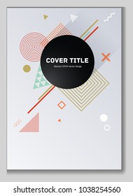 Modern memphis notepad cover background. Cool memphis texture front page with white, orange, green and brown geometrical shapes. Memphis notepad cover pattern for business purpose.