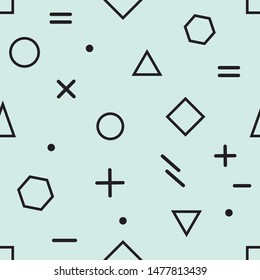 Modern Memphis pattern in black color on the neo-mint background. Vector seamless geometric illustration on neo mint backdrop. Retro fashion shape style from 80s and 90s. Printable design.