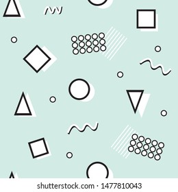Modern Memphis pattern in black and white colors on the neo-mint background. Vector seamless geometric illustration on neo mint backdrop. Retro fashion shape style from 80s and 90s. Printable design.