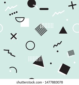 Modern Memphis pattern in black and white colors on the neo-mint background. Vector seamless geometric illustration on neo mint backdrop. Retro fashion shape style from 80s and 90s. Printable design.