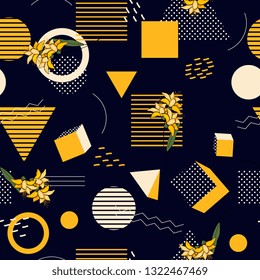 Modern memphis pattern with hand drawn wild flowers. Geometric seamless print polka dots design vector illustration