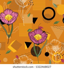 Modern memphis pattern with hand drawn wild flowers. Geometric seamless print polka dots design vector illustration