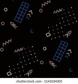 Modern Memphis Pattern. Seamless Background for Banner, Poster, Cover in Trendy Style. Bright Geometric Pattern with Hand Drawn Scribble Elements. Colorful Triangles, Rings, Zigzags and Dots.