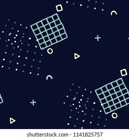 Modern Memphis Pattern. Seamless Background for Wallpaper, Fabric, Swimwear in Trendy Style. Colorful Geometric Pattern with Hand Drawn Scribble Elements. Colorful Triangles, Rings, Zigzags and Dots.