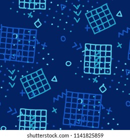 Modern Memphis Pattern. Seamless Background for Banner, Fabric, Cloth in Trendy Style. Bright Geometric Pattern with Hand Drawn Scribble Elements. Colorful Triangles, Rings, Zigzags and Dots.
