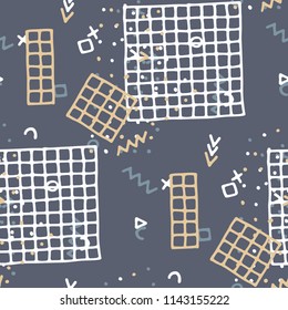 Modern Memphis Pattern. Seamless Background for Wallpaper, Cotton, Swimwear in Trendy Style. Colorful Geometric Pattern with Hand Drawn Scribble Elements. Colorful Triangles, Rings, Zigzags and Dots.