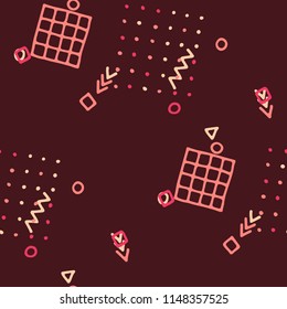 Modern Memphis Pattern. Seamless Background for Banner, Poster, Cover in Trendy Style. Bright Geometric Pattern with Hand Drawn Scribble Elements. Colorful Triangles, Rings, Zigzags and Dots.
