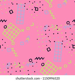 Modern Memphis Pattern. Seamless Background for Card, Poster, Cover in Trendy Style. Colorful Geometric Pattern with Hand Drawn Scribble Elements. Colorful Triangles, Rings, Zigzags and Dots.