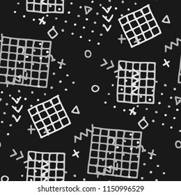 Modern Memphis Pattern. Seamless Background for Wallpaper, Print, Textile in Trendy Style. Colorful Geometric Pattern with Hand Drawn Scribble Elements. Colorful Triangles, Rings, Zigzags and Dots.