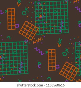 Modern Memphis Pattern. Seamless Background for Wallpaper, Calico, Textile in Trendy Style. Colorful Geometric Pattern with Hand Drawn Scribble Elements. Colorful Triangles, Rings, Zigzags and Dots.