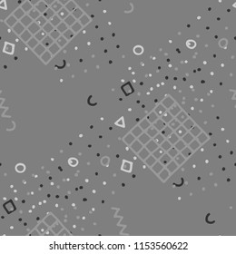 Modern Memphis Pattern. Seamless Background for Wallpaper, Fabric, Cloth in Trendy Style. Bright Geometric Pattern with Hand Drawn Scribble Elements. Colorful Triangles, Rings, Zigzags and Dots.