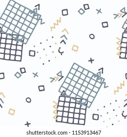 Modern Memphis Pattern. Seamless Background for Chintz, Cotton, Fabric in Trendy Style. Colorful Geometric Pattern with Hand Drawn Scribble Elements. Colorful Triangles, Rings, Zigzags and Dots.
