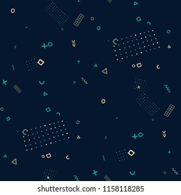 Modern Memphis Pattern. Seamless Background for Banner, Poster, Cloth in Trendy Style. Colorful Geometric Pattern with Hand Drawn Scribble Elements. Colorful Triangles, Rings, Zigzags and Dots.
