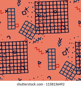 Modern Memphis Pattern. Seamless Background for Card, Poster, Cover in Trendy Style. Colorful Geometric Pattern with Hand Drawn Scribble Elements. Colorful Triangles, Rings, Zigzags and Dots.
