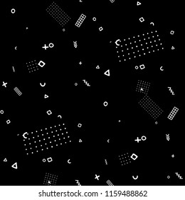 Modern Memphis Pattern. Seamless Background for Chintz, Cotton, Fabric in Trendy Style. Bright Geometric Pattern with Hand Drawn Scribble Elements. Black and White Triangles, Zigzags and Dots.