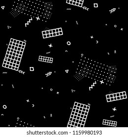 Modern Memphis Pattern. Seamless Background for Card, Poster, Cover in Trendy Style. Bright Geometric Pattern with Hand Drawn Scribble Elements. Black and White Triangles, Zigzags and Dots.