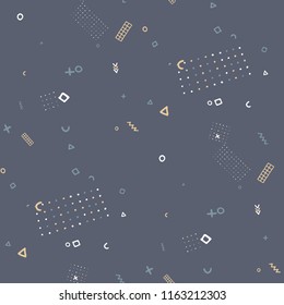 Modern Memphis Pattern. Seamless Background for Chintz, Cotton, Fabric in Trendy Style. Colorful Geometric Pattern with Hand Drawn Scribble Elements. Colorful Triangles, Rings, Zigzags and Dots.