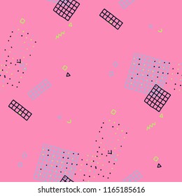 Modern Memphis Pattern. Seamless Background for Banner, Poster, Cloth in Trendy Style. Colorful Geometric Pattern with Hand Drawn Scribble Elements. Colorful Triangles, Rings, Zigzags and Dots.